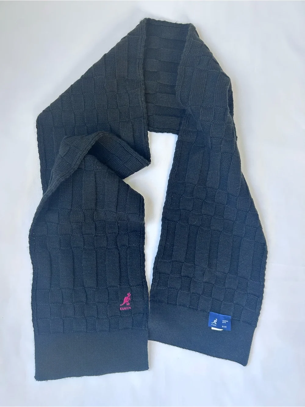 Kangol Black Knit Checker Scarf with Burgundy Logo